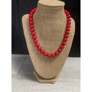 Red Faux Pearl Necklace Silver Tone Adjustable Lobster Clasp 18 Inch 3136